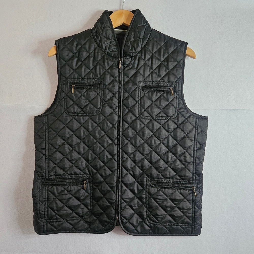 Chicos Black Quilted Puffer Vest Mock Neck Full Zip Cinched Waist Size 2 L
